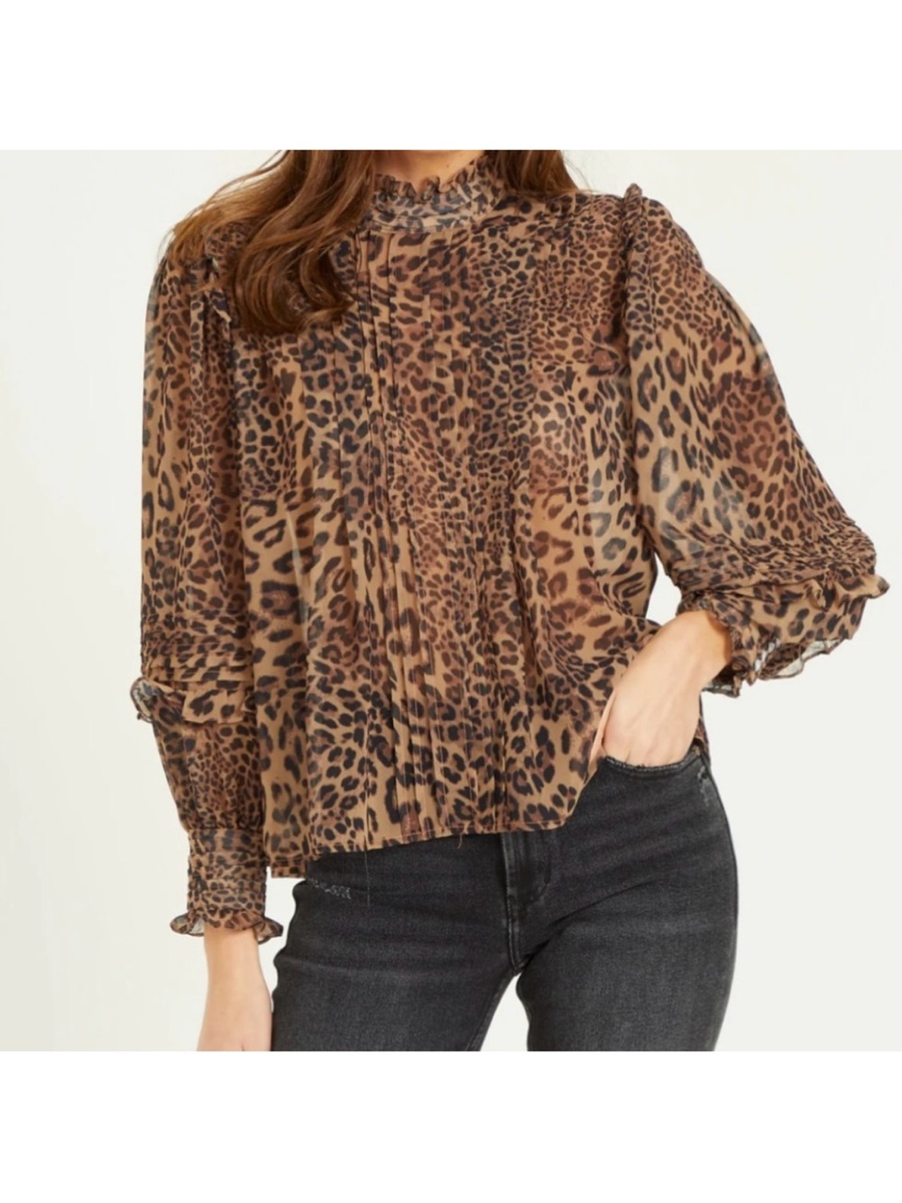 Dear John EVERLEIGH DARK LEOPARD Sheer Blouse High Neck Ruffles Pleats Large